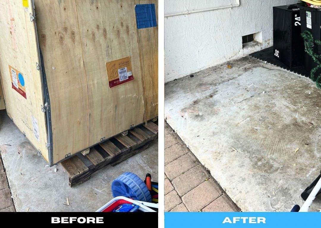 A before and after photo of a wooden box on a pallet.
