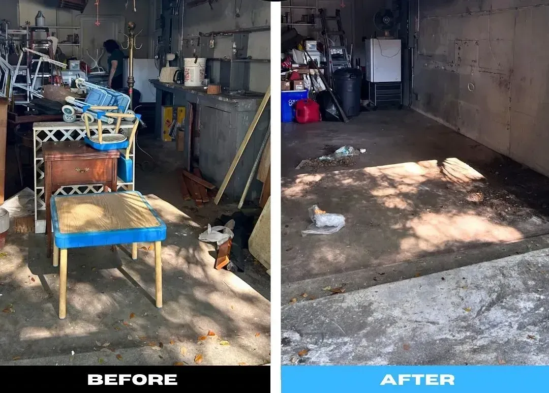 A before and after photo of a messy garage.