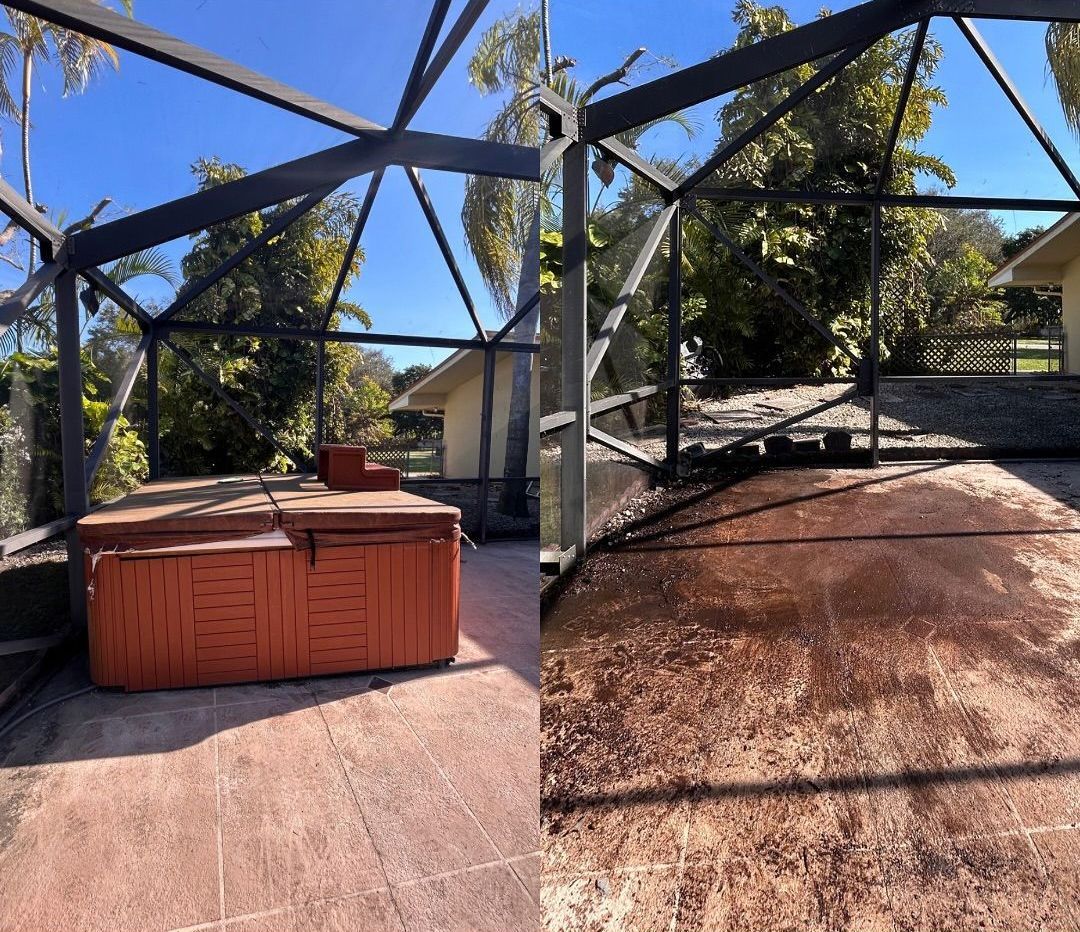 A before and after picture of a patio with a hot tub.