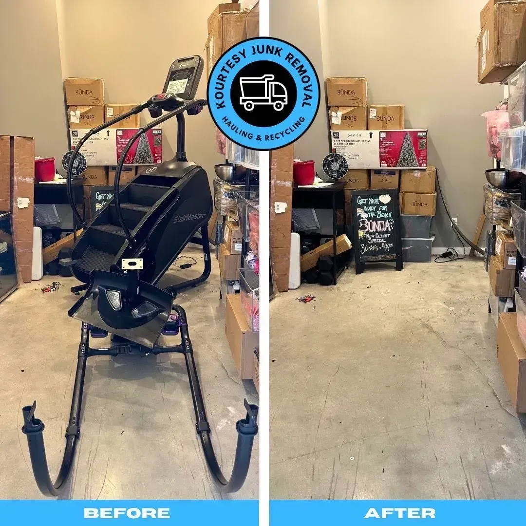A before and after photo of a room filled with boxes and a chair.