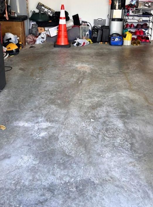 A before and after picture of a couch and a tiled floor.
