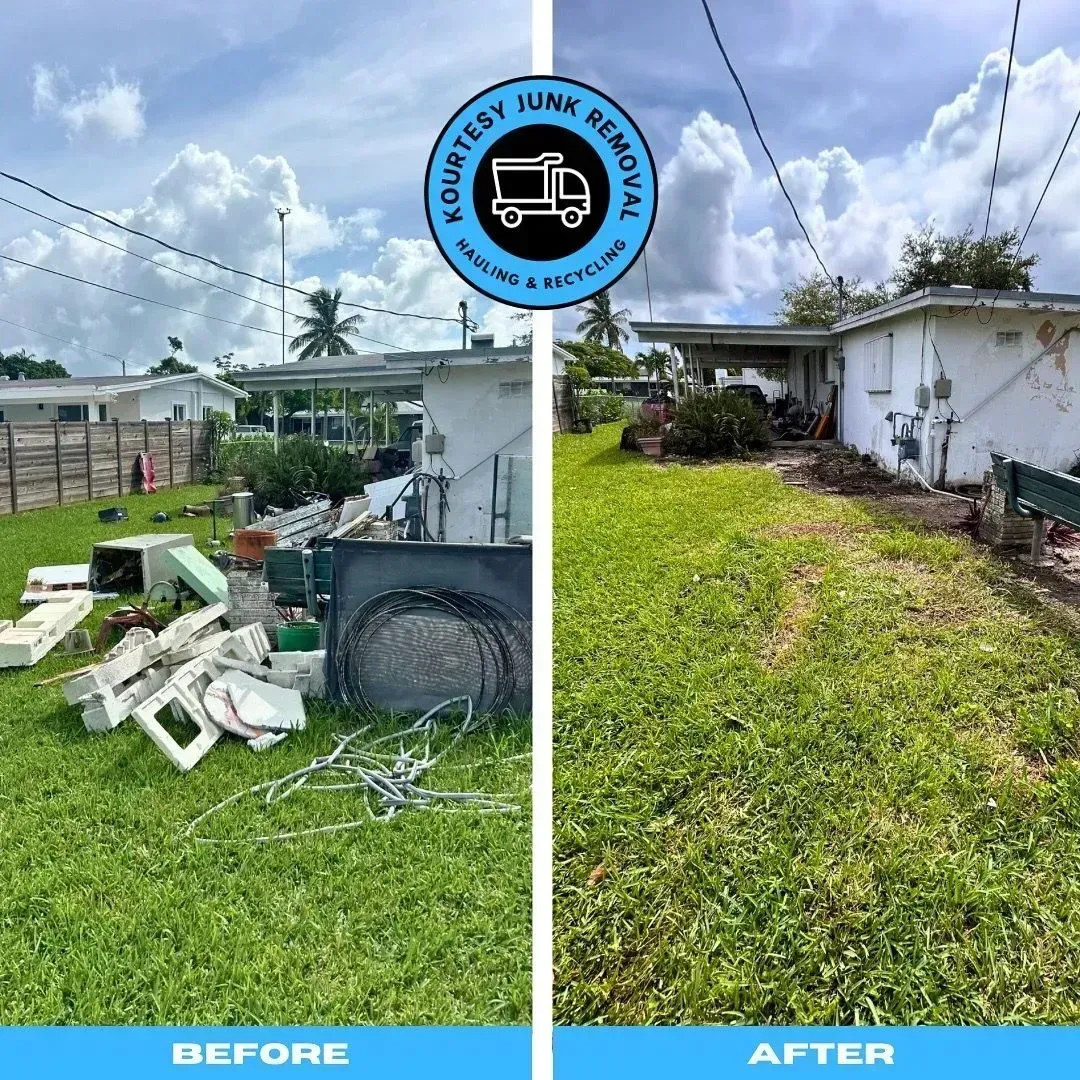A before and after picture of a house with a lot of junk in the backyard.