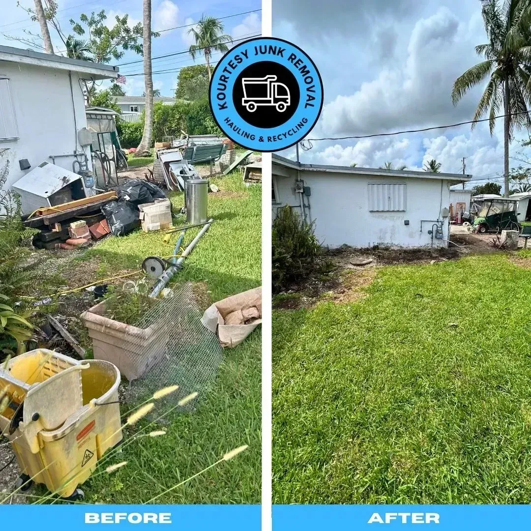 A before and after picture of a junk removal service.