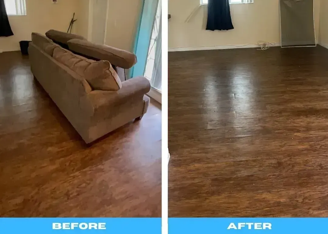 A before and after photo of a living room with a couch and a wooden floor.