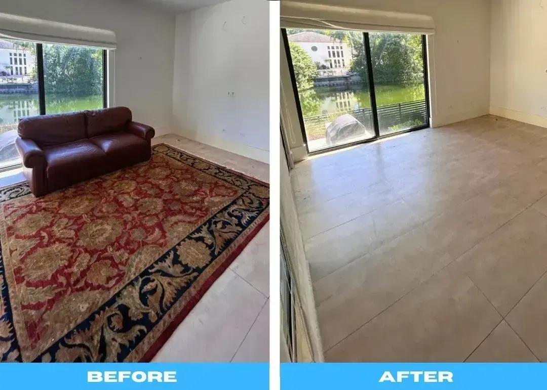 A before and after photo of a living room with a couch and rug.