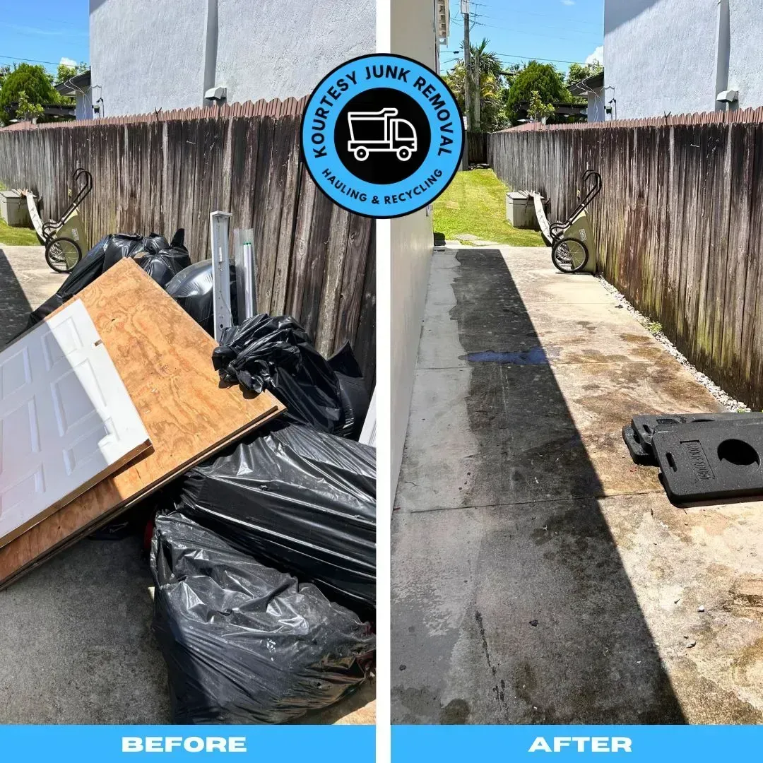 A before and after picture of a junk removal service.