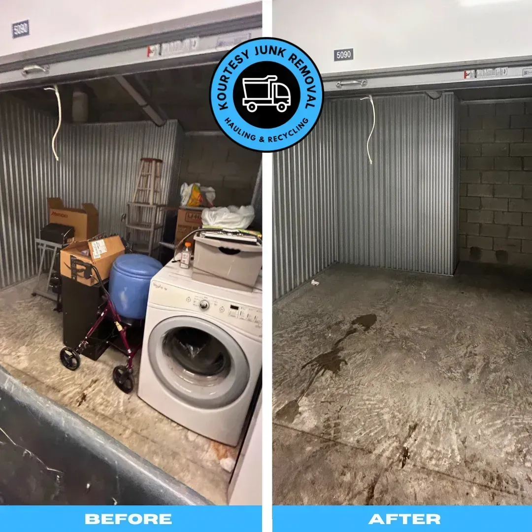 A before and after photo of a dirty garage with a washer and dryer.