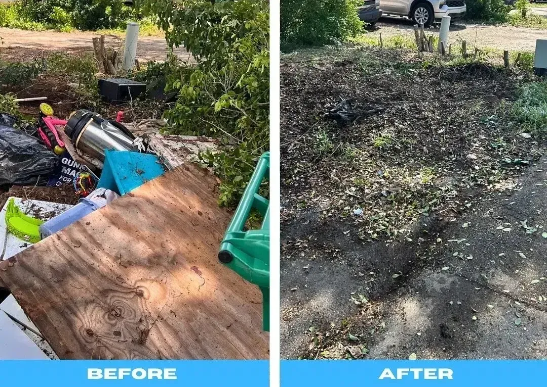 A before and after photo of a garden with a watering can.