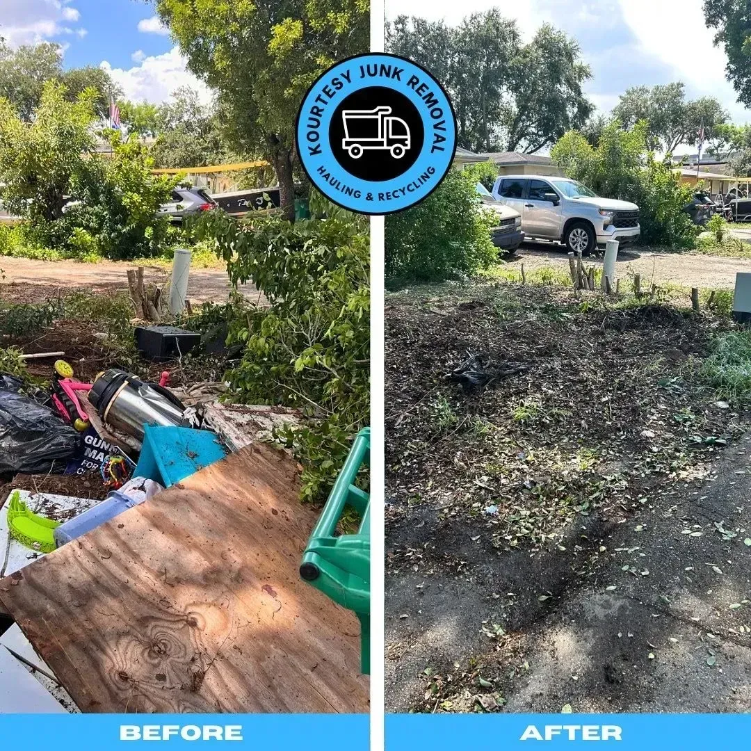 A before and after photo of a junk pile in a yard.