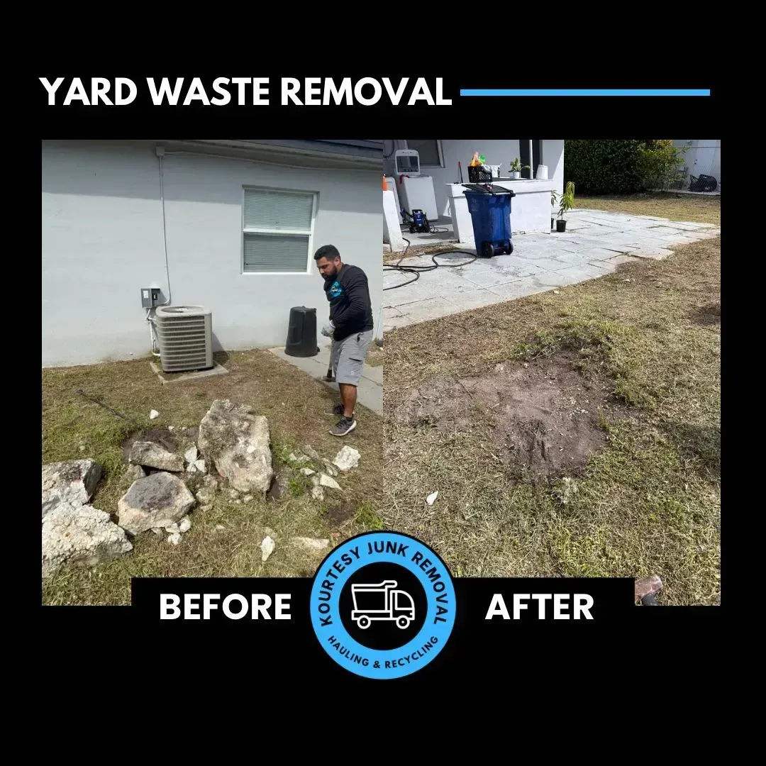 A before and after photo of a yard waste removal service.