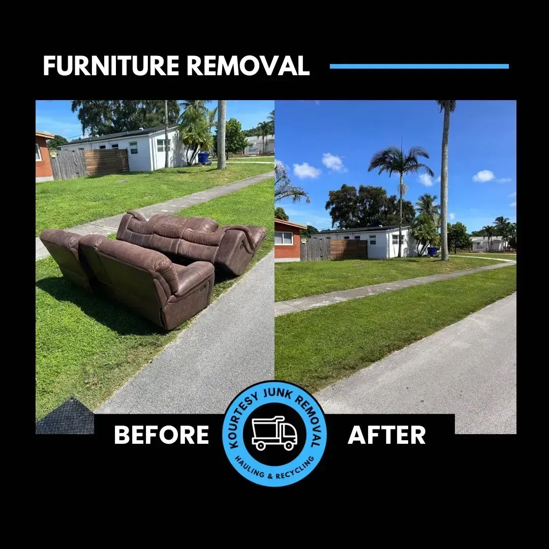A before and after picture of a couch sitting on the side of the road.