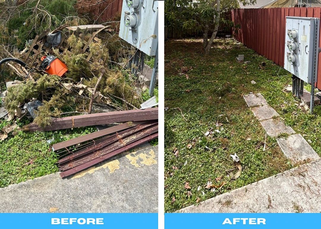 There is a before and after picture of a yard.