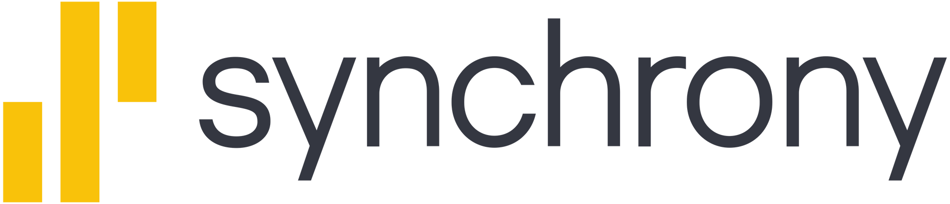 Synchrony logo in gray and yellow with two vertical bars icon