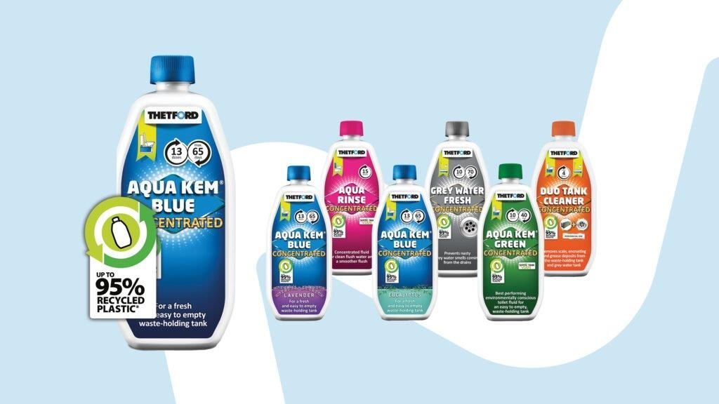 Bottles Of Cleaning Solution, Various Colors And Sizes, Arranged On A Light Blue Background — Caravan Experts In The Charters Towers Region, QLD