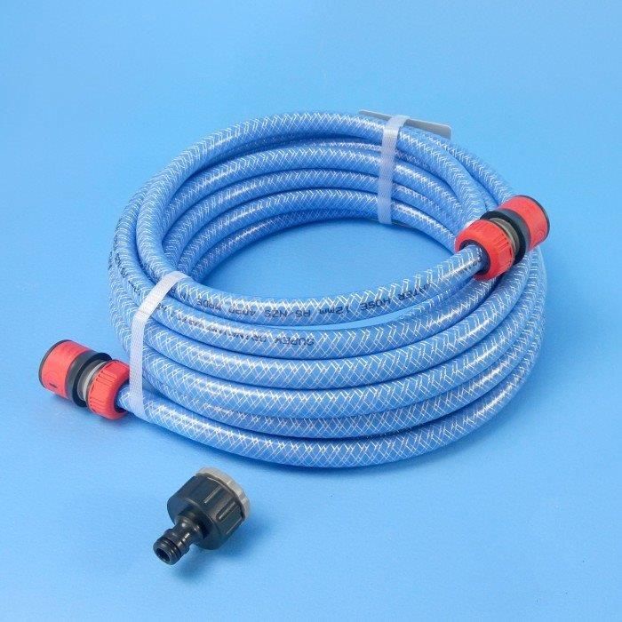 Coiled Blue Garden Hose With Red Connectors And Detached Black Connector — Caravan Experts In The Charters Towers Region, QLD