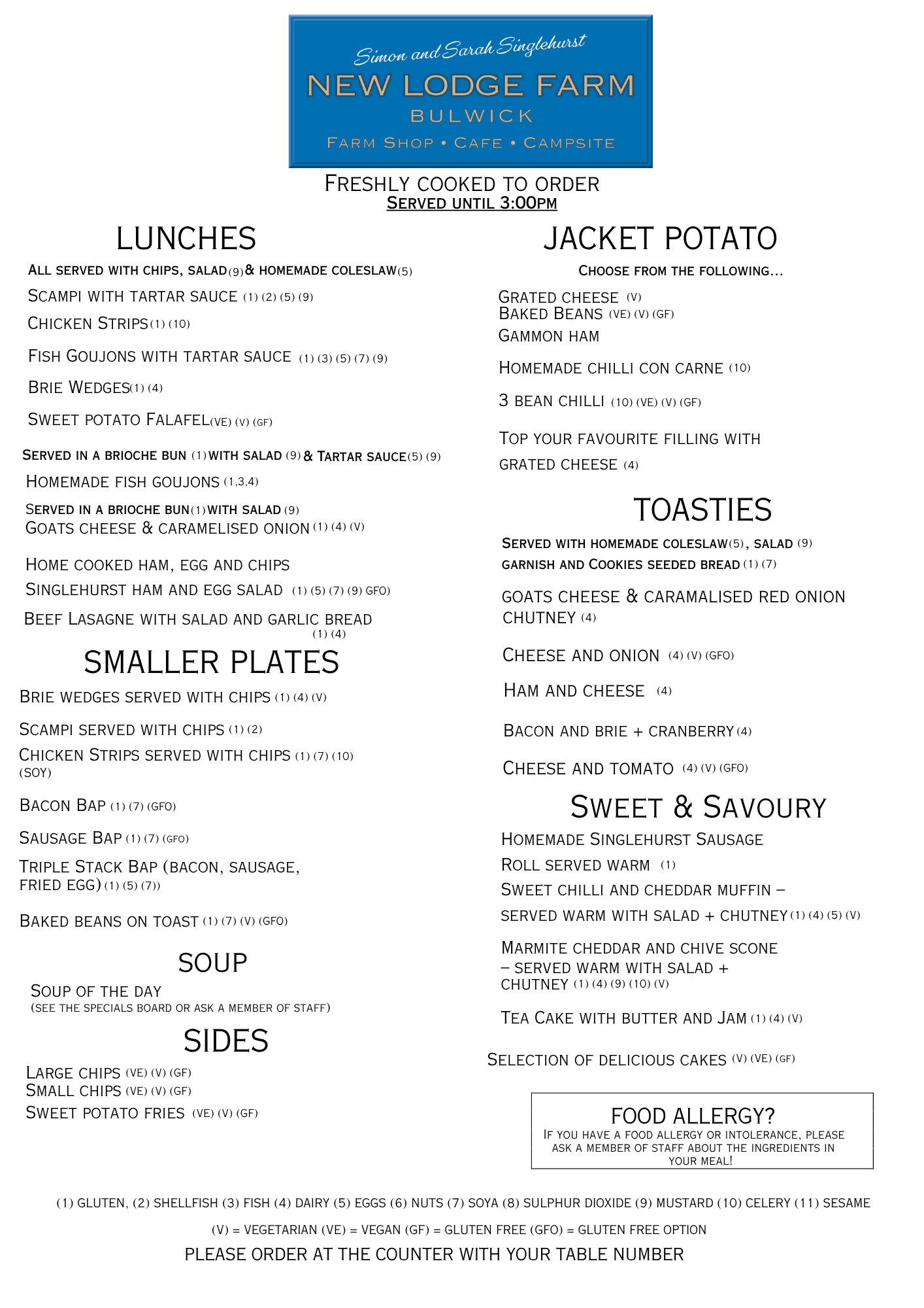 New Lodge Farm's Lunch Menu