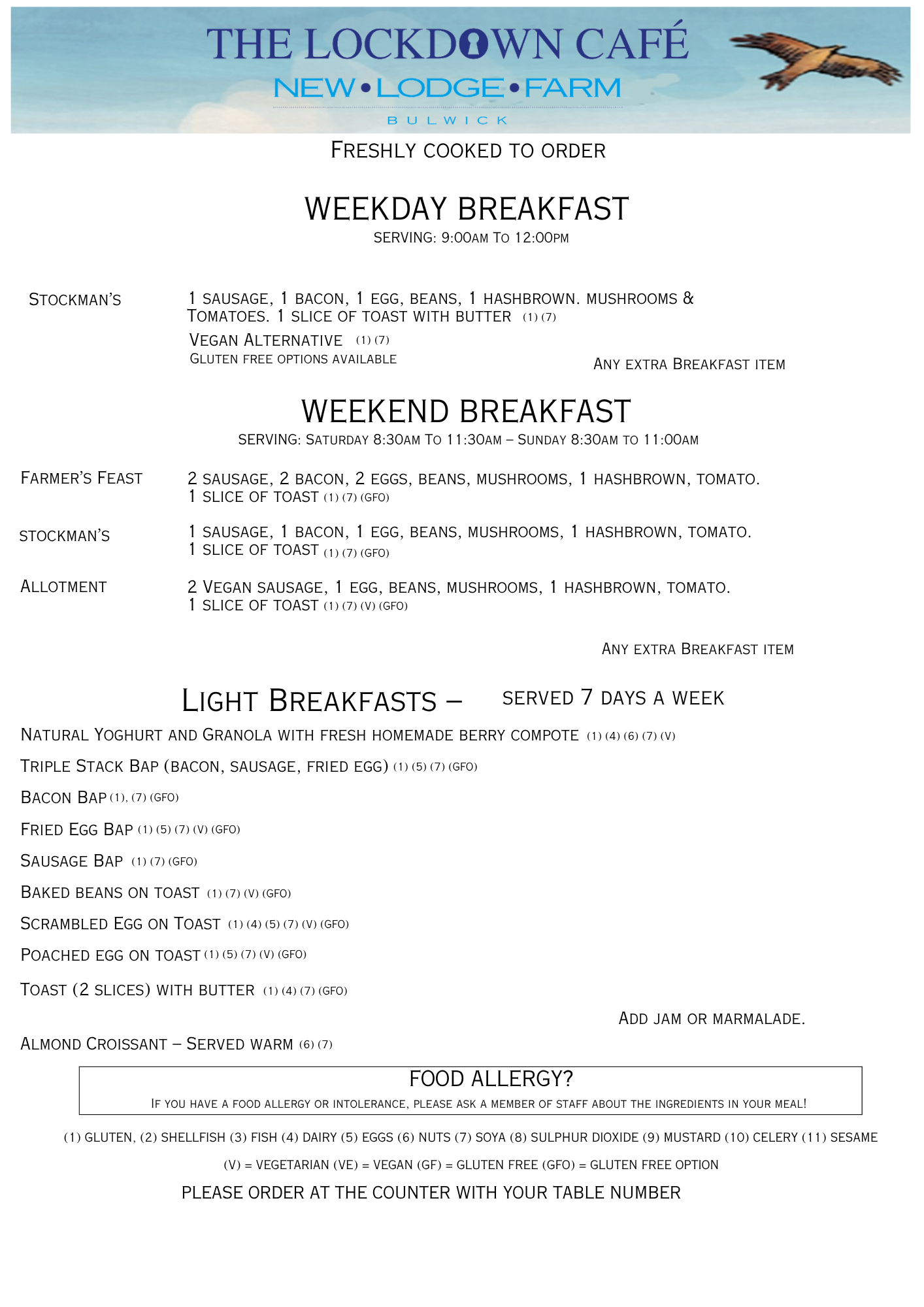 New Lodge Farm's Breakfast Menu