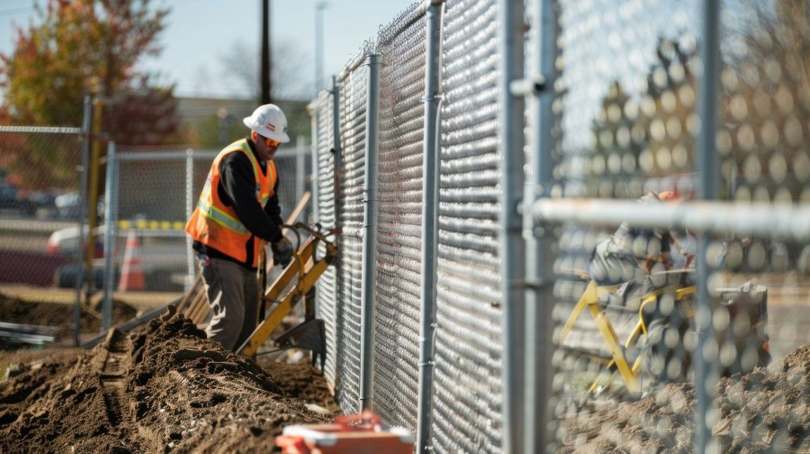 Construction worker wearing safety vest and hard hat working on a chain-link fence at a construction site.