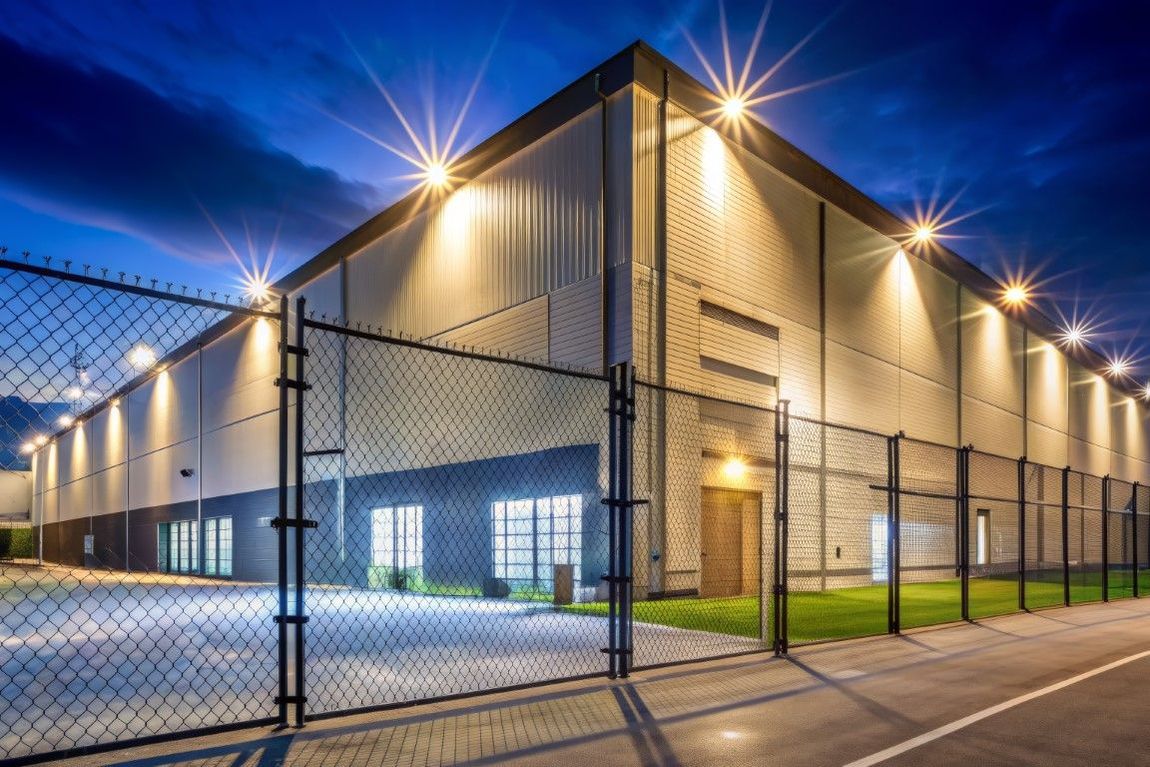 Warehouse building, lit at night, behind a chain-link fence, with lights overhead.