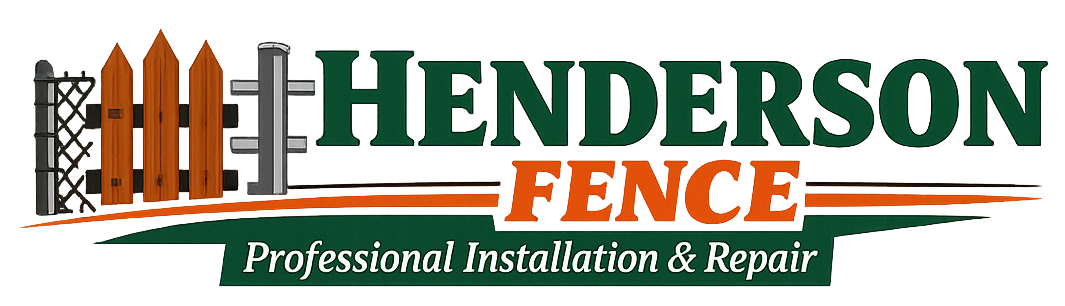 Logo for Henderson Fence, dark green text with fence images. Includes tagline: Professional Installation & Repair.