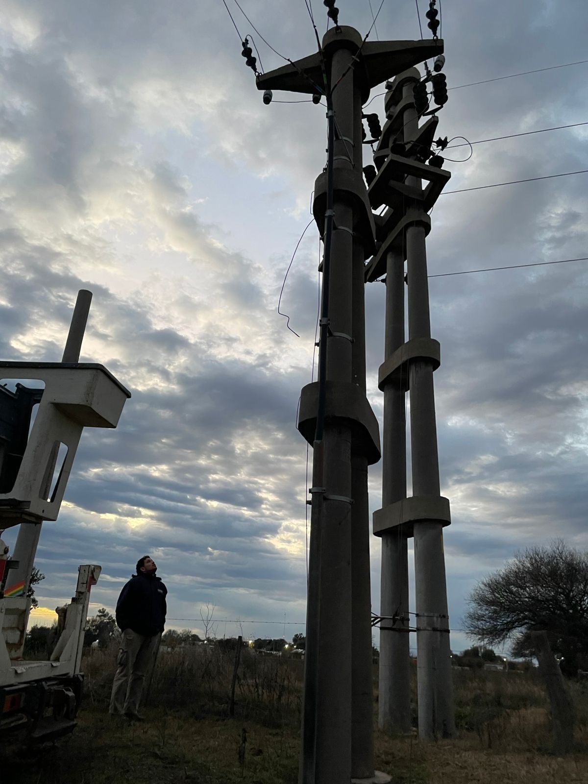 Persona mirando hacia altos postes de electricidad de hormigón bajo un cielo nublado.