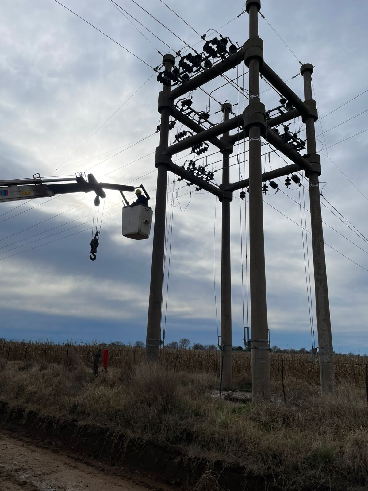 Un trabajador de servicios públicos en un camión con canasta realiza mantenimiento 