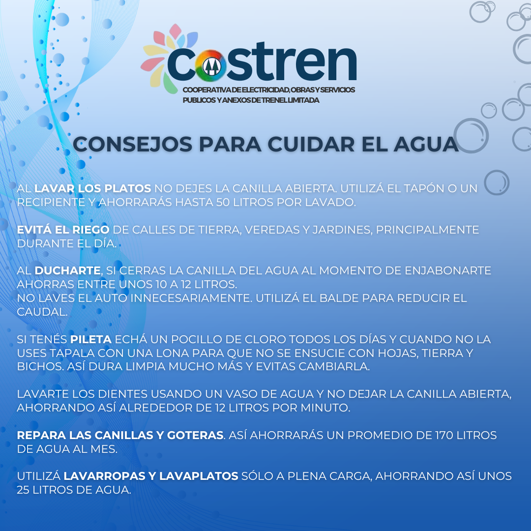 Consejos de Costren para ahorrar agua. Texto sobre fondo azul