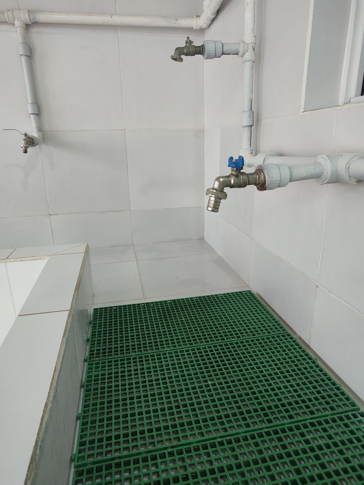 Cuarto de servicio con azulejos blancos, piso de rejilla verde y tres grifos de agua en la pared.