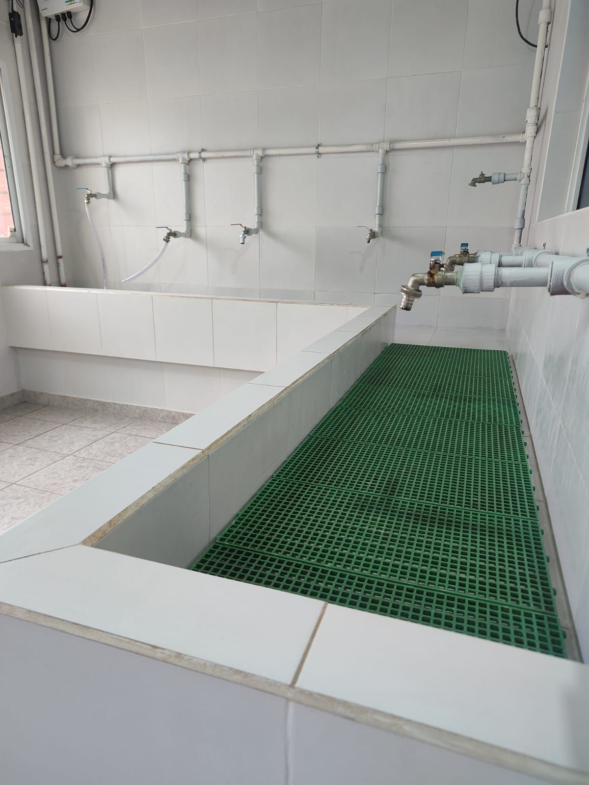 Área de lavado con azulejos blancos, alfombras verdes, varios grifos y plomería en las paredes.