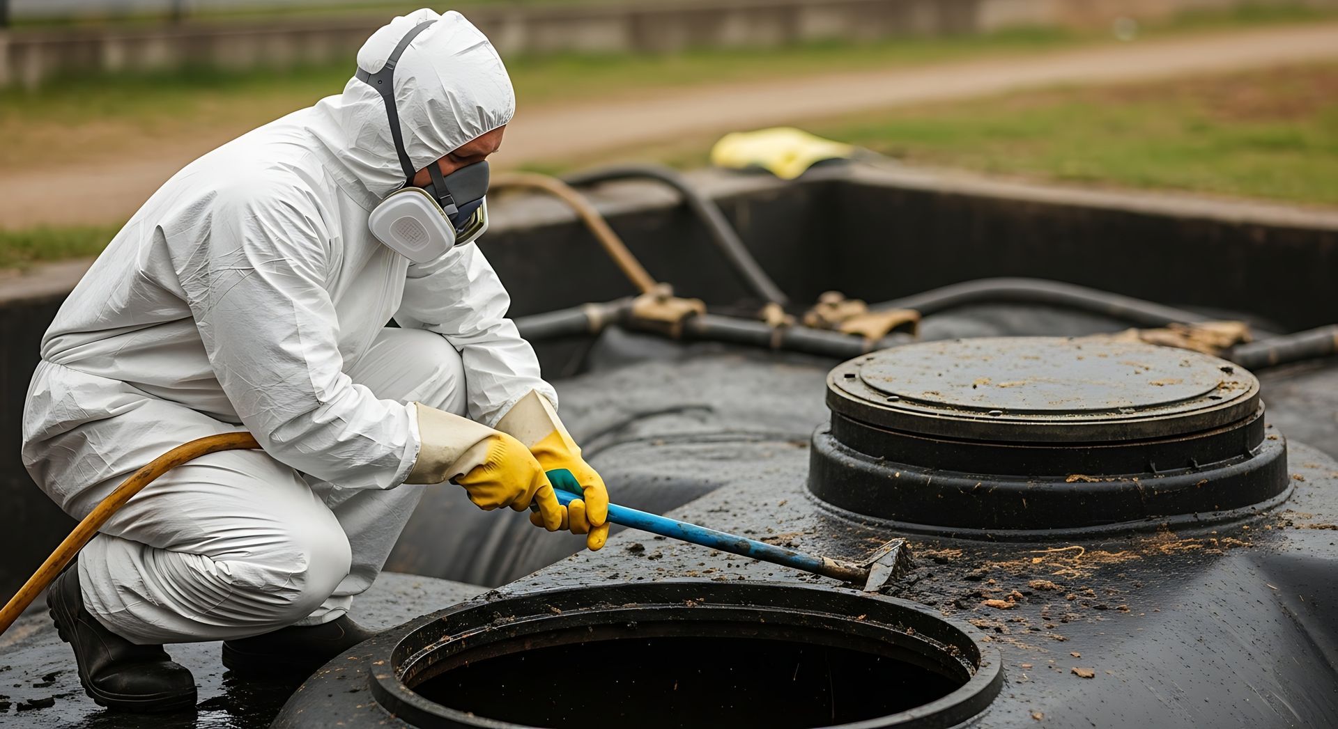 Septic tank cleaner in protective suit using suction hose.