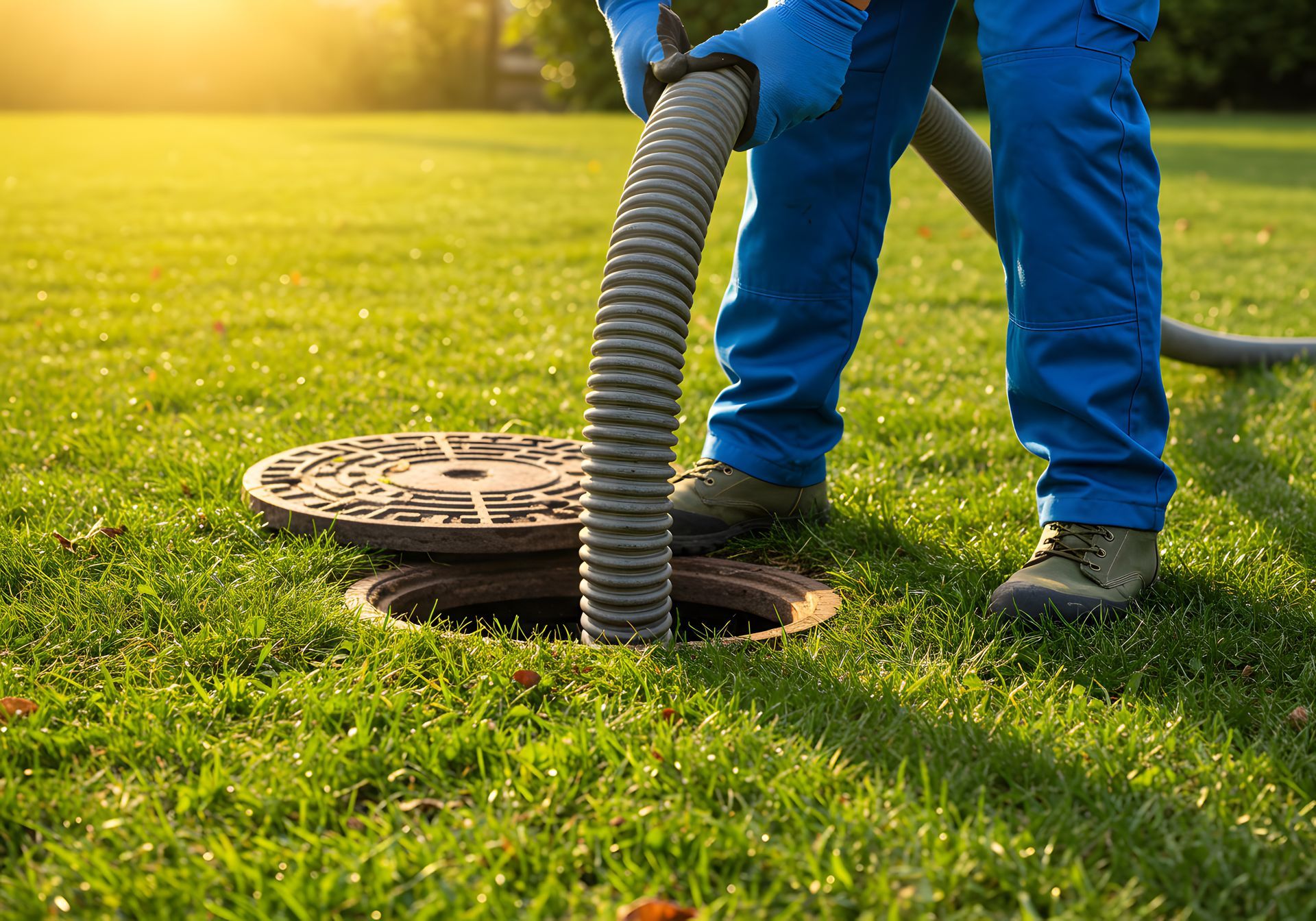 Worker inserting hose into open septic tank in a grassy yard.