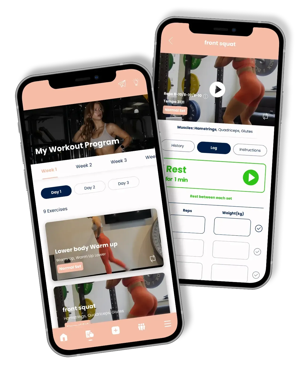 Two smartphones, blank screens labeled 