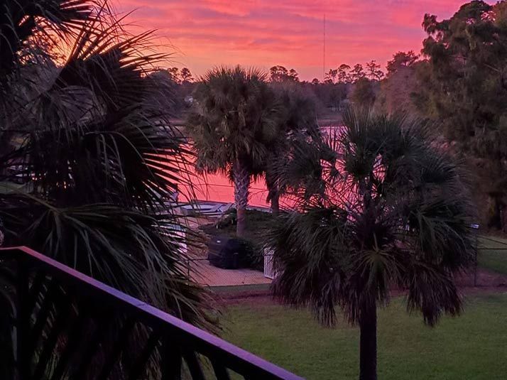 A sunset over a body of water with palm trees in the foreground .