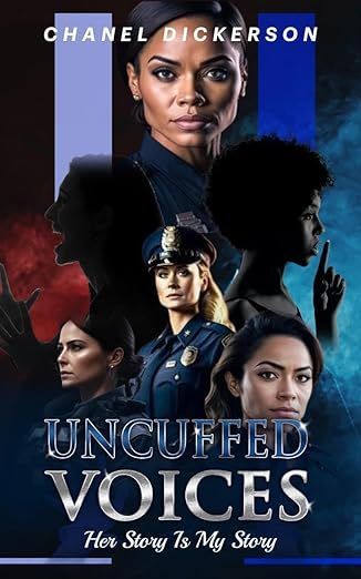 Book cover, "Uncuffed Voices". Women in police uniforms and silhouettes, blue and silver text.