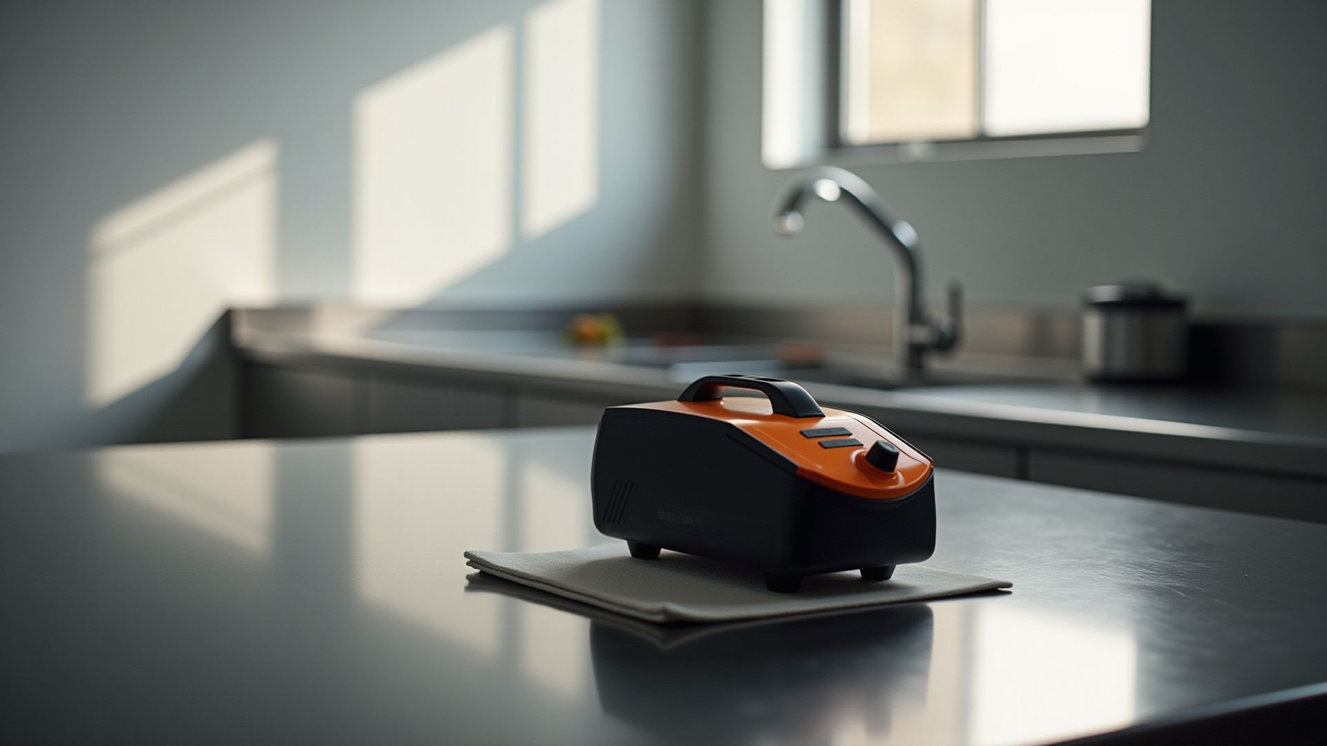 Orange and black generator on a counter in a kitchen with natural light shining through the window.