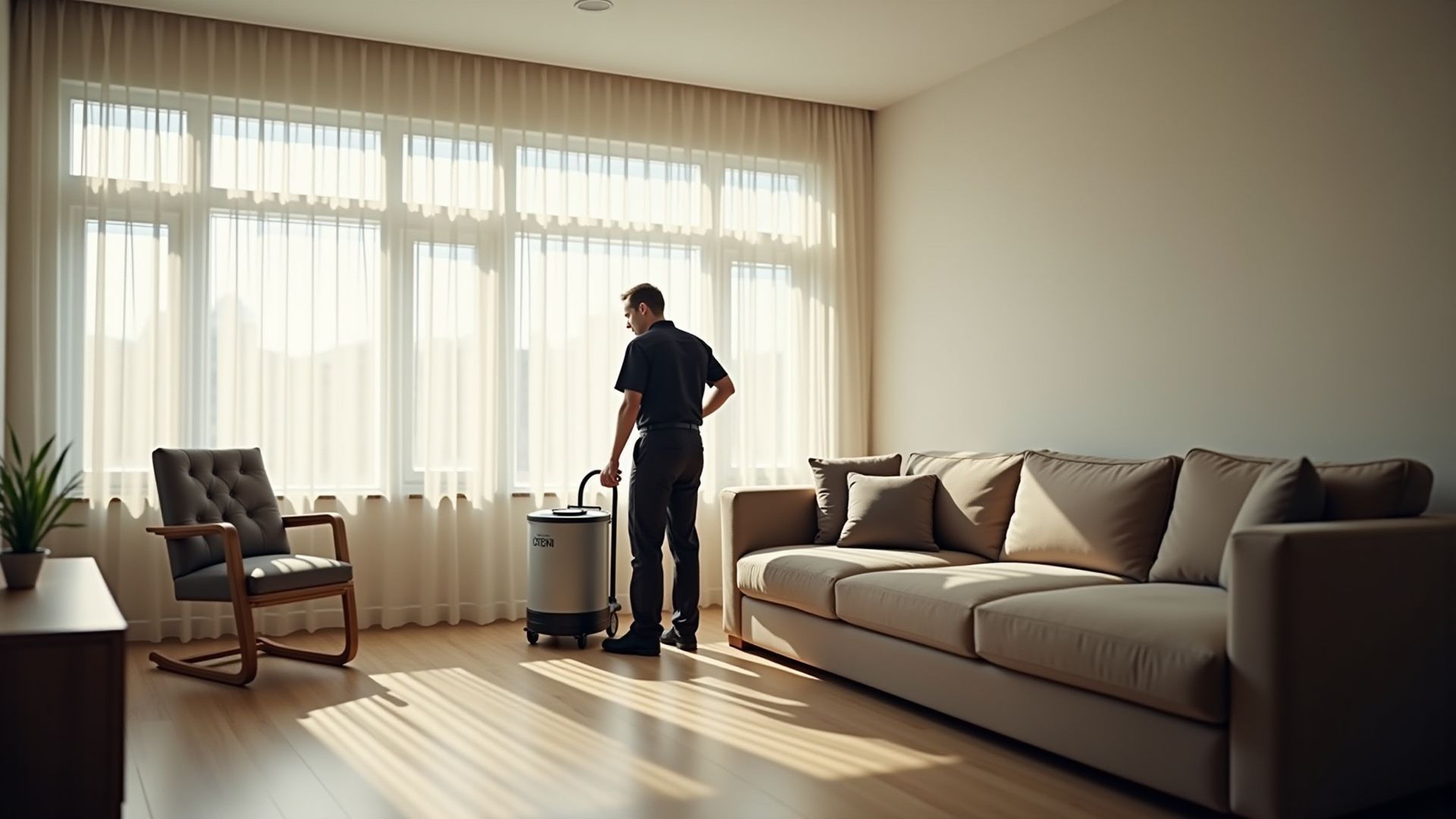 Man vacuuming a living room with sunlight through a large window, a sofa, and a chair.