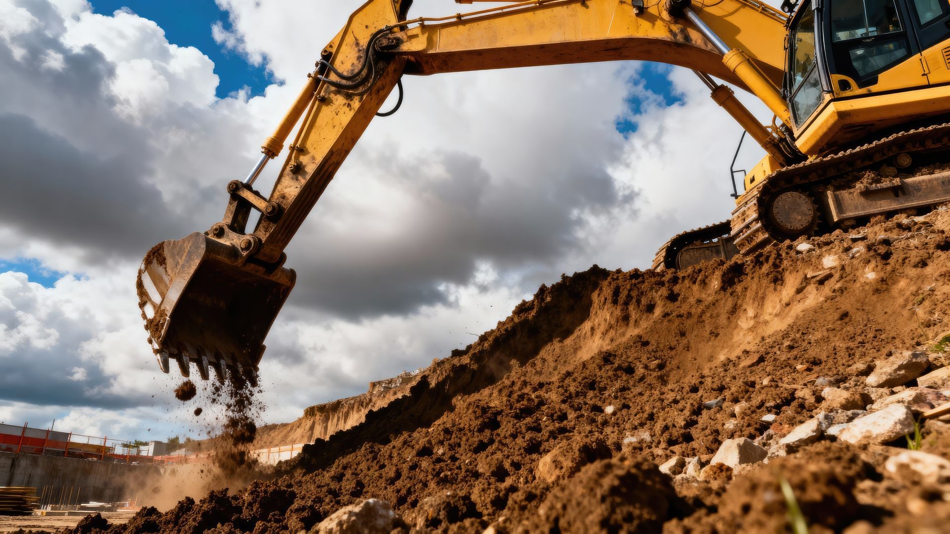 Une pelleteuse jaune creuse un monticule de terre brune sous un ciel nuageux.