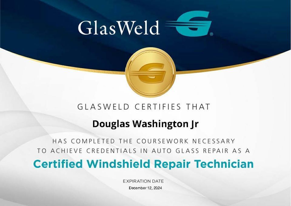 GlasWeld certificate for Douglas Washington Jr as a Certified Windshield Repair Technician