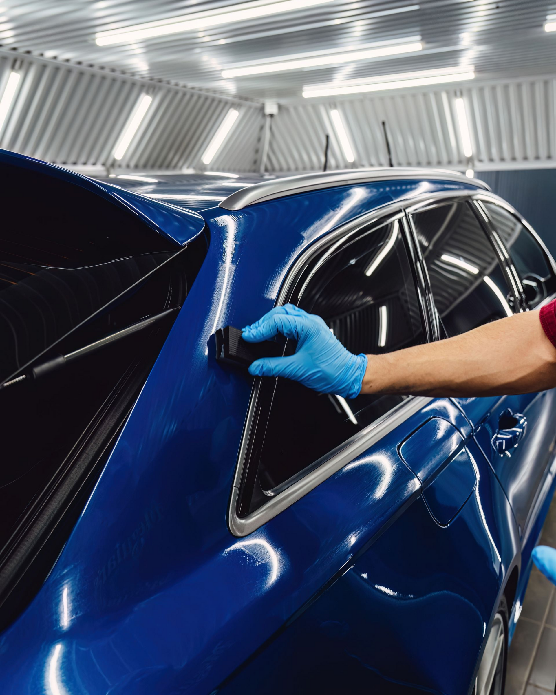 A person wearing black gloves is polishing the hood of a red car.
