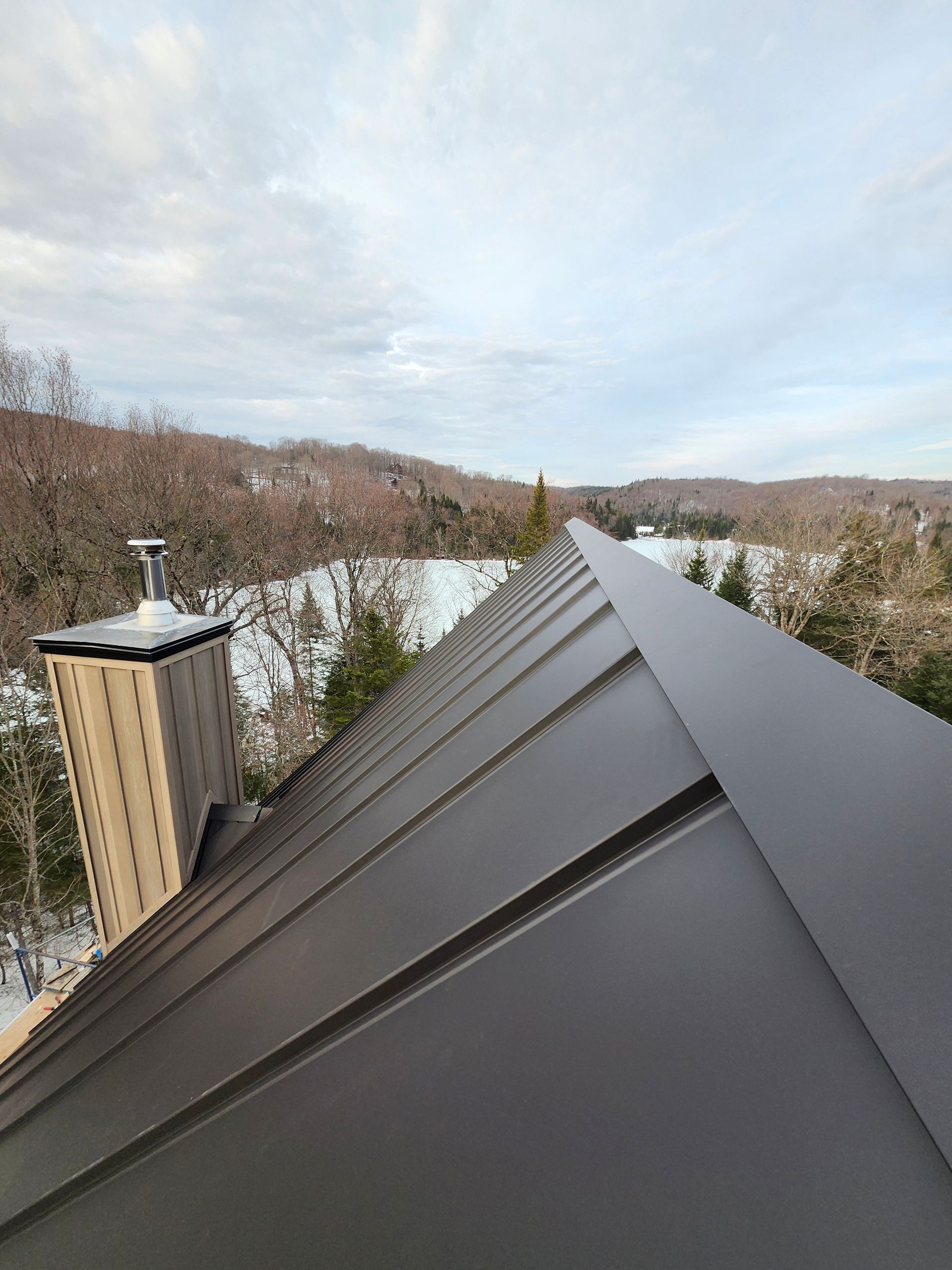 Un gros plan d'un toit avec une cheminée au-dessus.