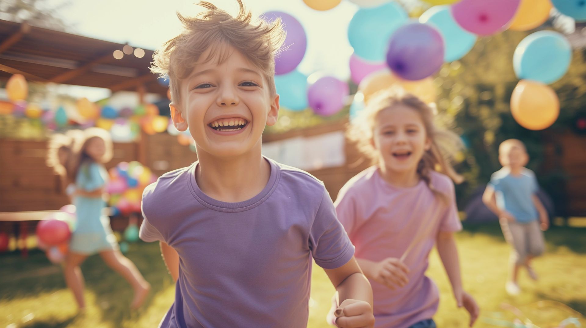 Eine Gruppe Kinder spielt auf einem Kindergeburtstag mit Luftballons.