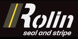 Rolin seal and stripe logo in white on a black background with yellow slashes