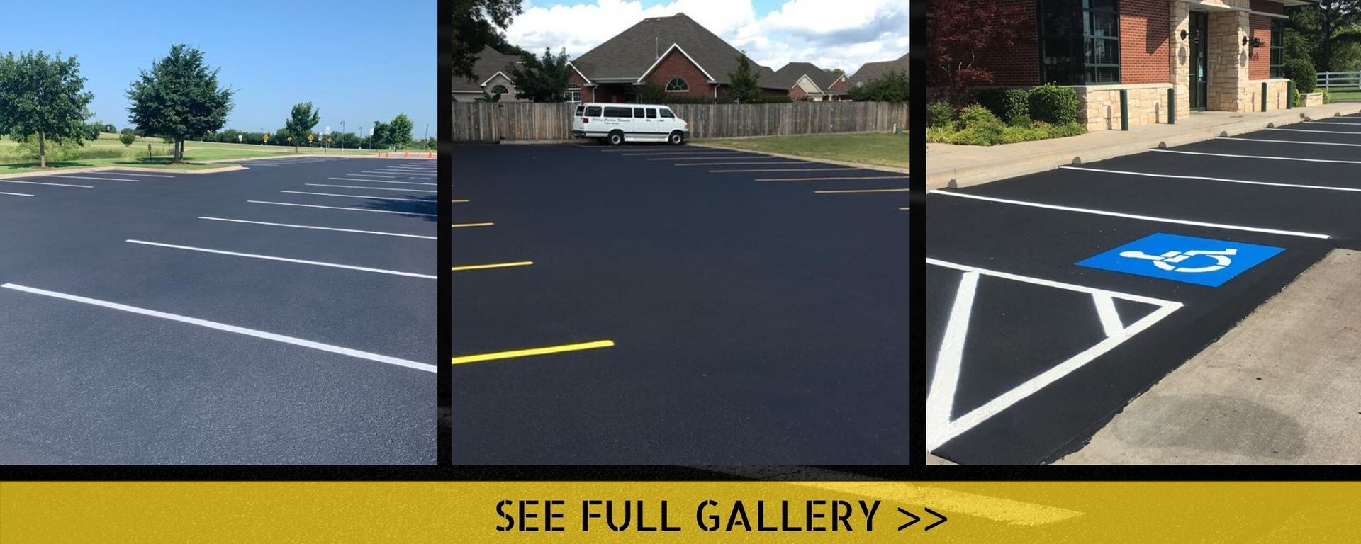 Parking lot with accessible spaces and blue handicap symbols near a building.