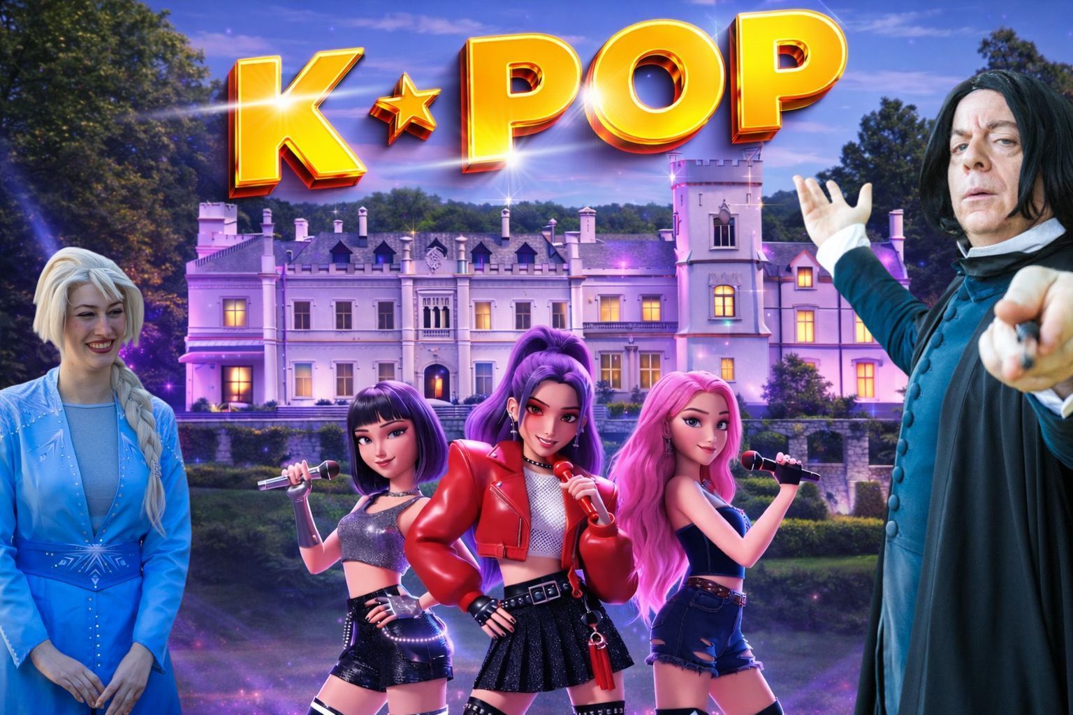 Un gruppo musicale K-POP si esibisce fuori da un castello, con Elsa e Severus Snape in primo piano.