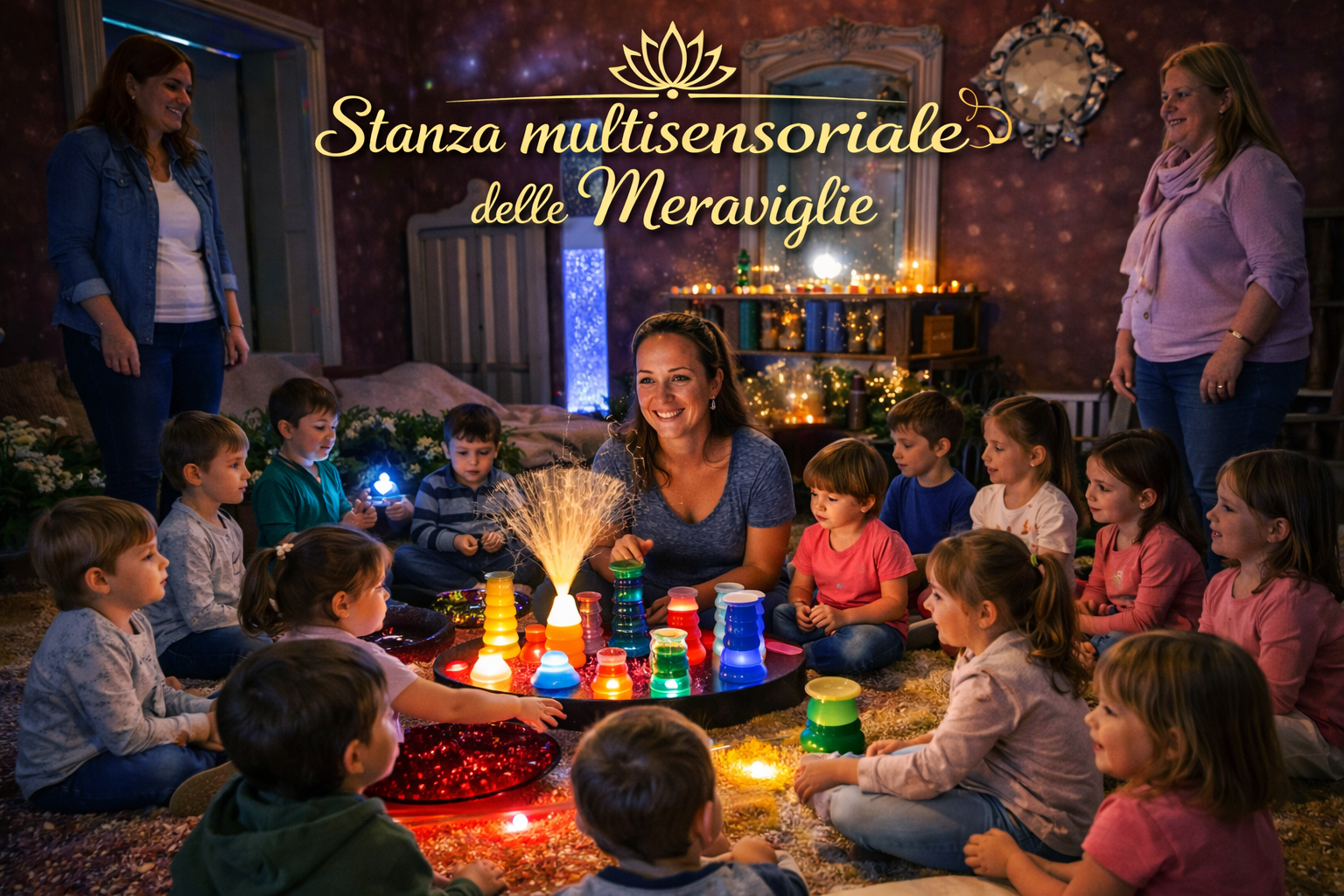 Un gruppo di bambini e adulti siede sul pavimento in una stanza multisensoriale, buia e colorata, attorno a giocattoli luminosi.