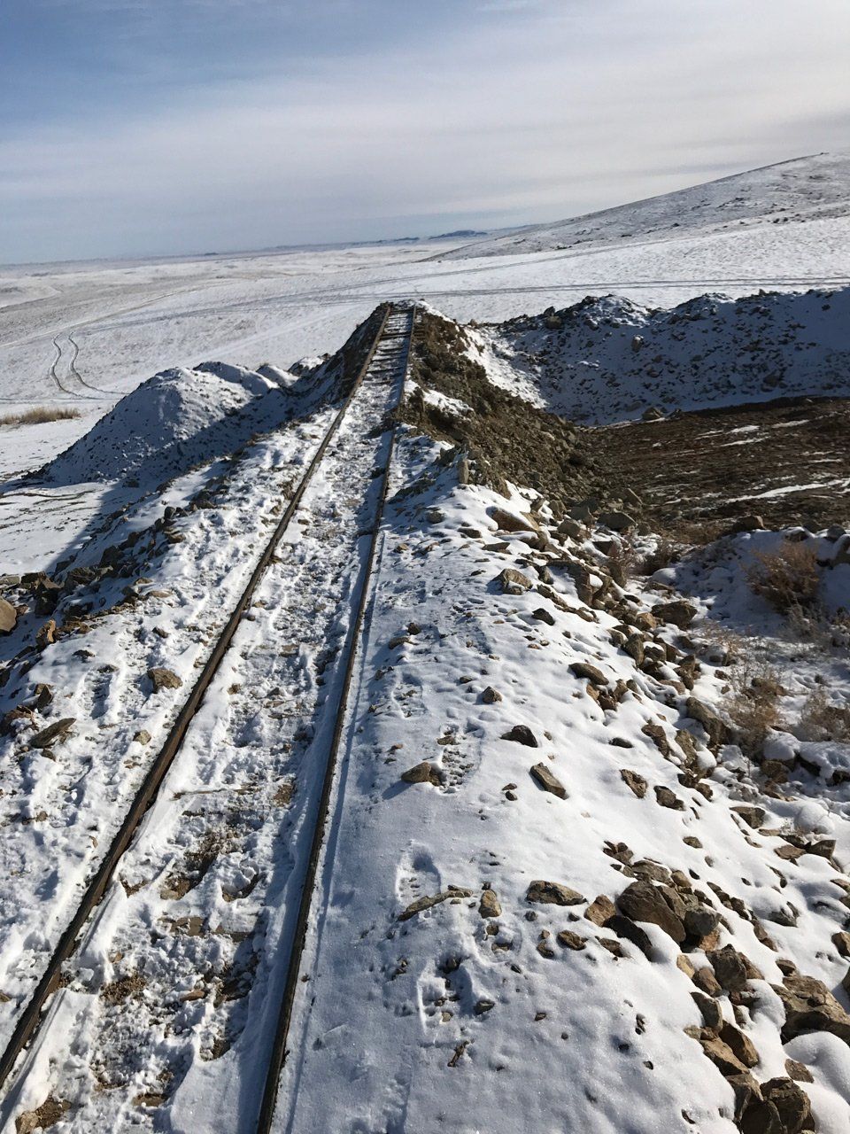 installed railway line on snow covered land