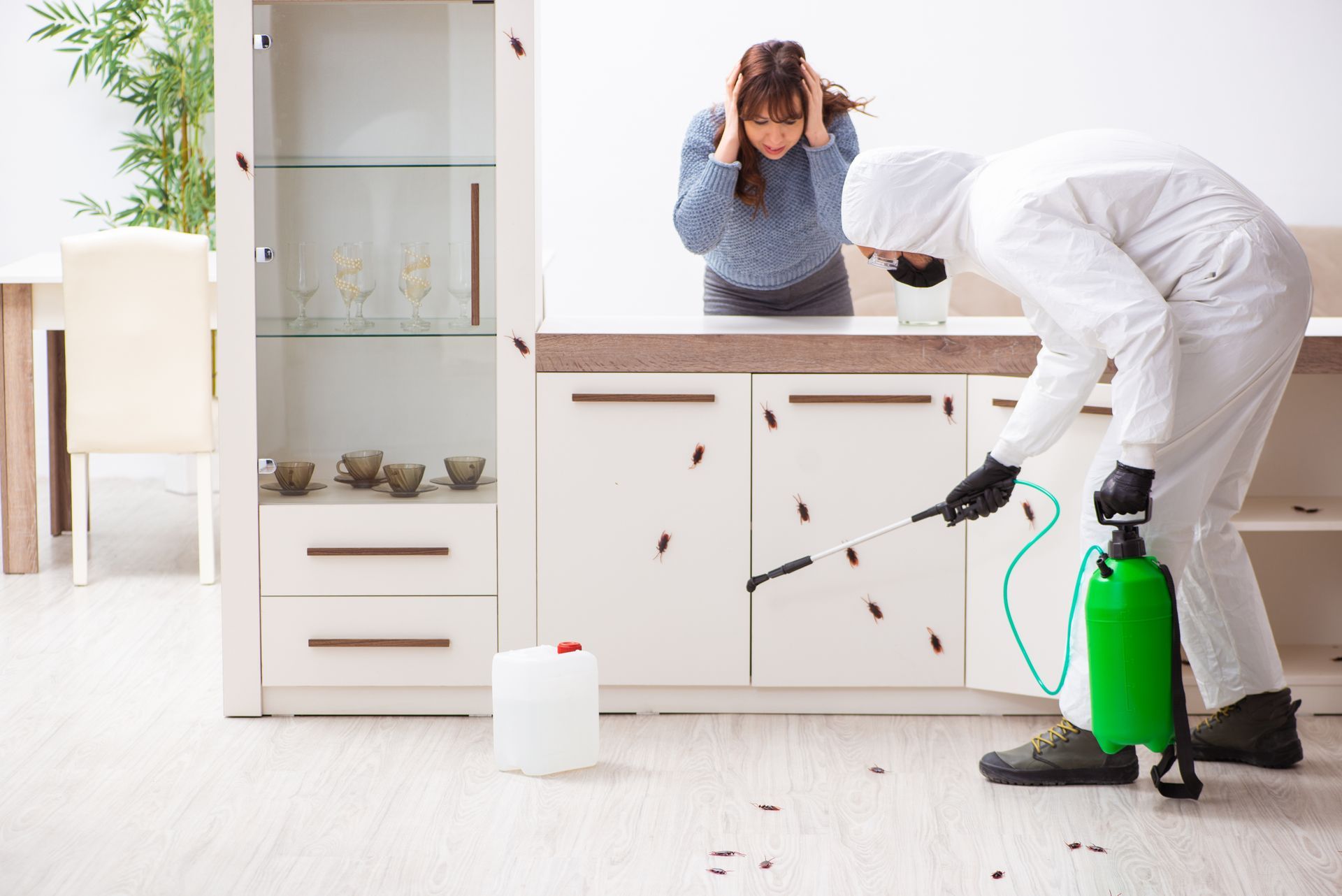 Pest control worker sprays insects in a kitchen while a woman covers her ears in distress.