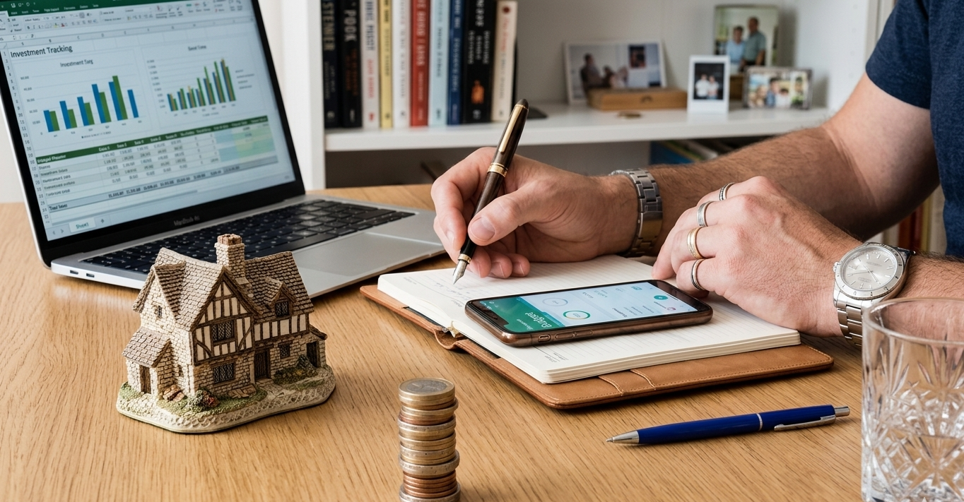 Homeowner using a phone and calculator next to a house model.