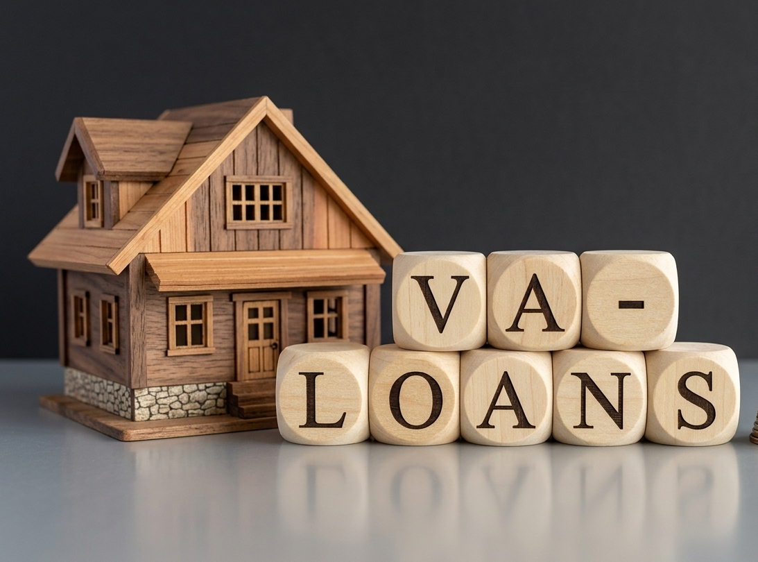 Small wooden house model next to blocks spelling VA loans.