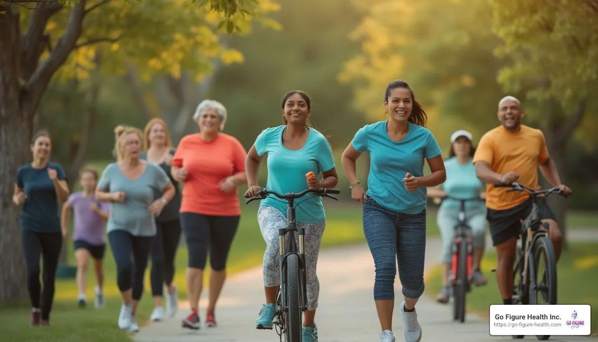A group of people are running and riding bikes in a park.